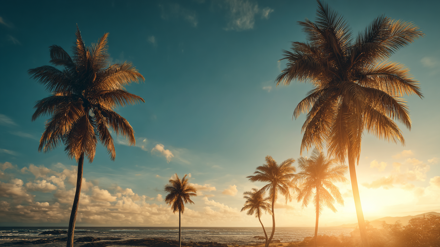 Tropical sunset with palm trees in Tobago